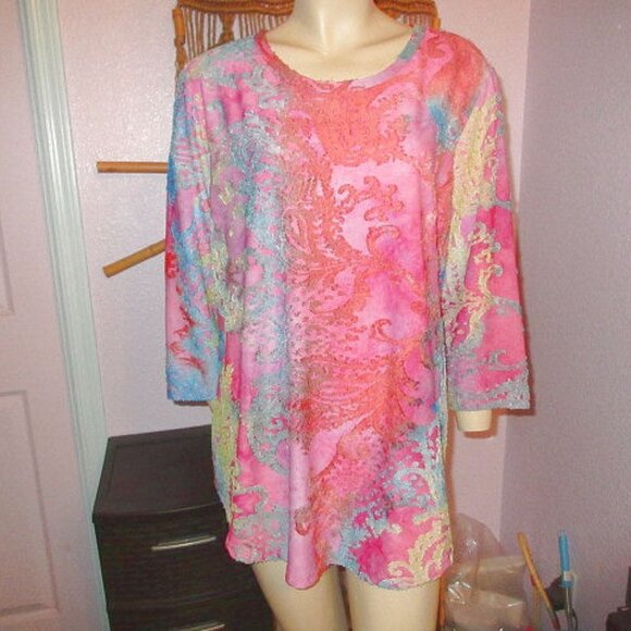 Calessa Jacquard Tunic Top Size 1X Rainbow Psychedelic Artsy Fairy Boho Hippie - Picture 1 of 9